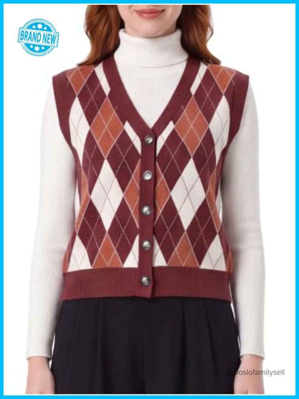 Womens Argyle Sweater Vest Button Down V-Neck Sleeveless Knit Top